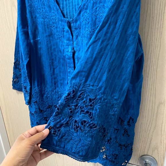 Soft Surroundings Batik  Blue Linen  Size L Long Sleeves i - Picture 4 of 13